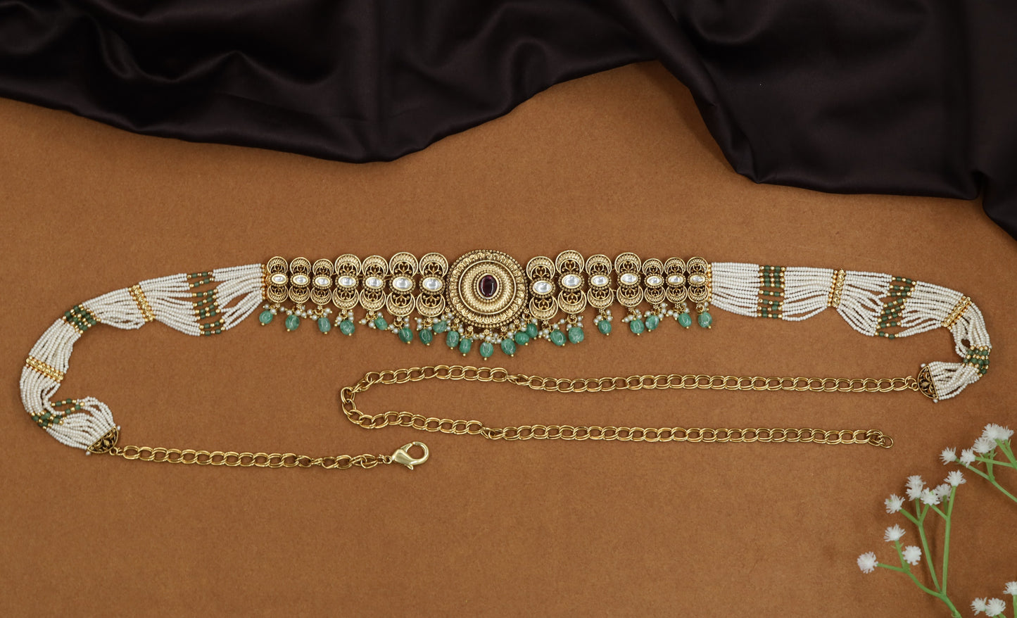 Layered pearl Antique Waist Belt with ornamental border composition