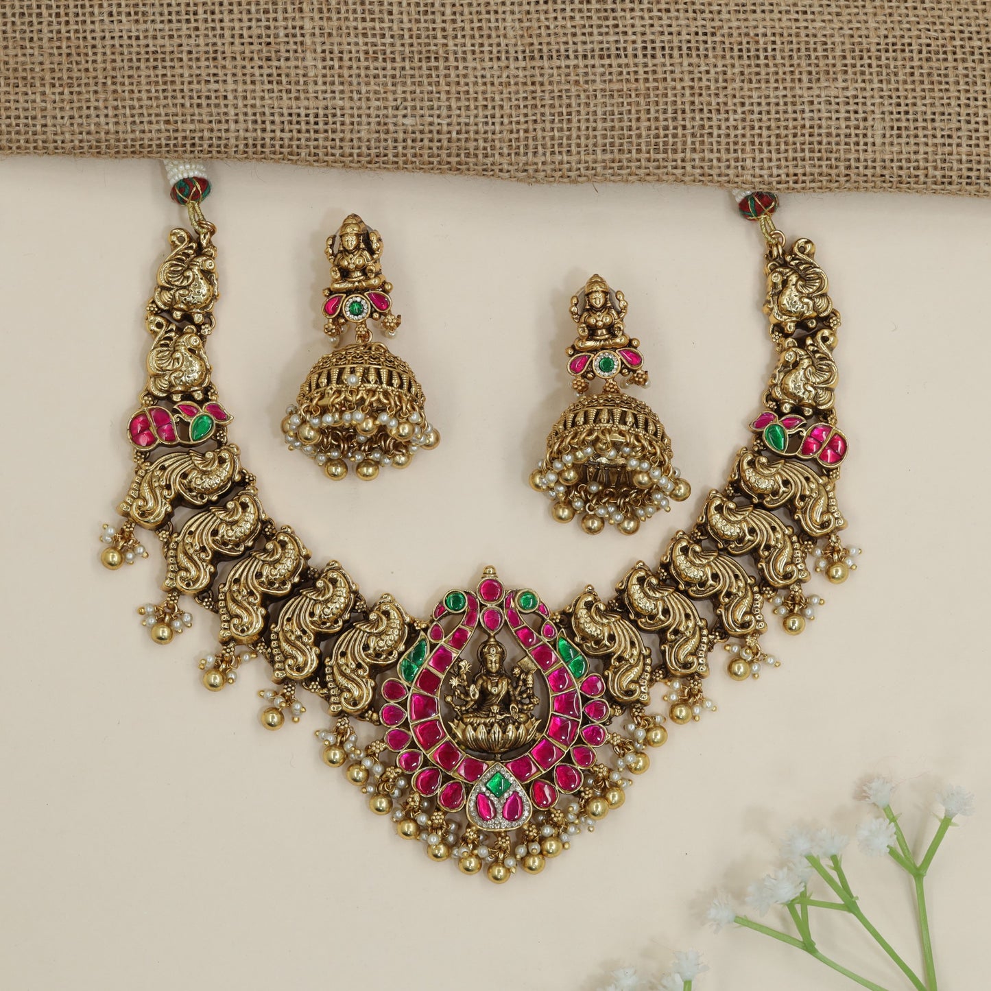 Antique Lakshmi pendant necklace with paisley motif collar design