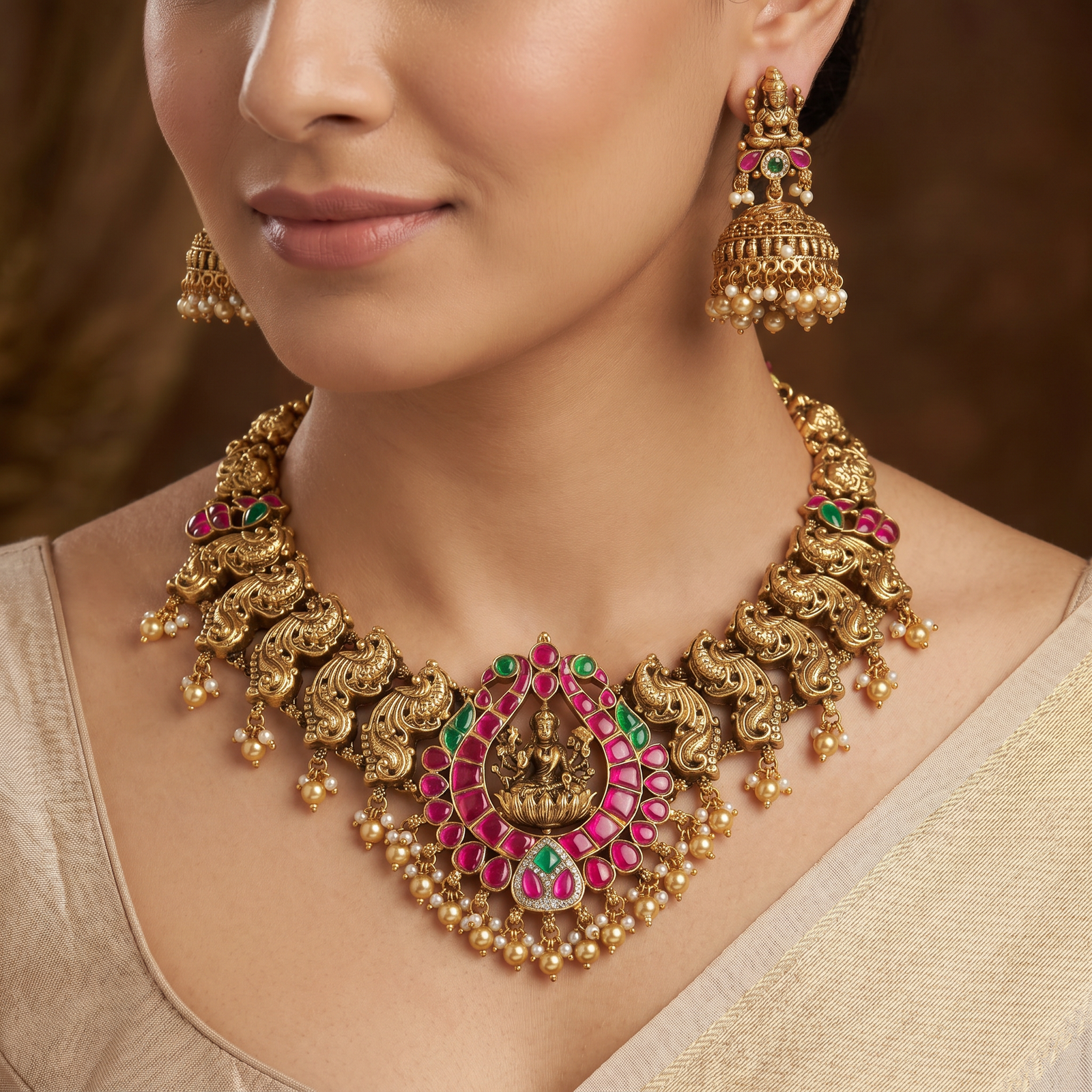Antique Lakshmi pendant necklace with paisley motif collar design