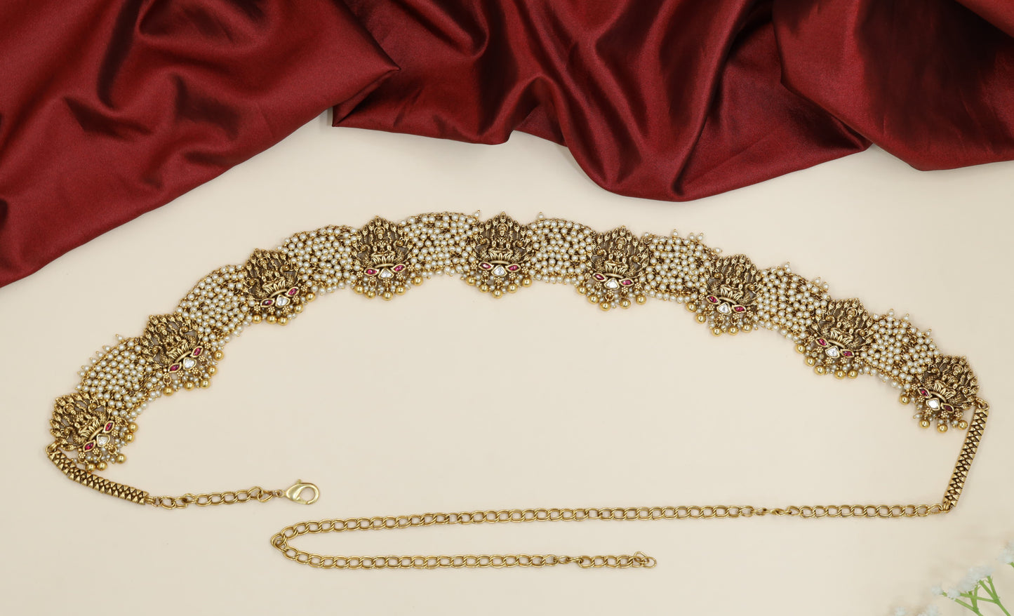 Pearl mesh Antique Waist Belt with sculpted Lakshmi connectors