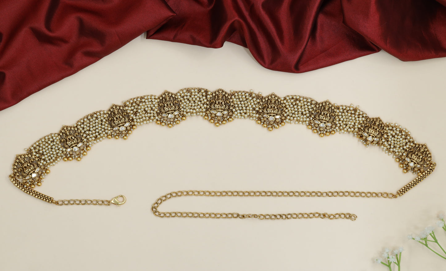 Pearl mesh Antique Waist Belt with sculpted Lakshmi connectors