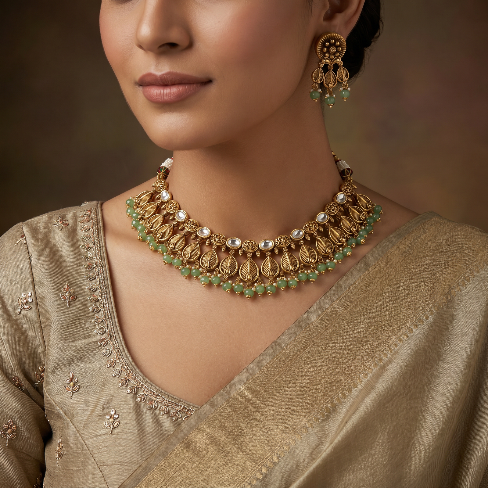 Traditional leaf pattern choker with layered botanical silhouette