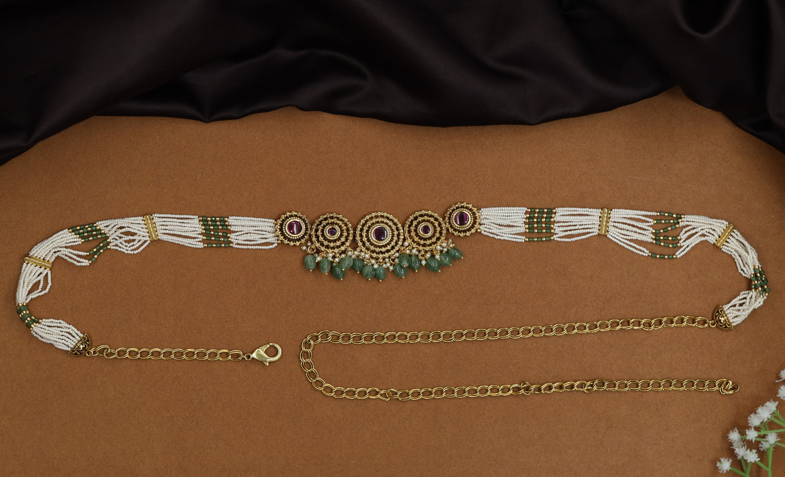 Grand pearl strand Antique Waist Belt with ornamental centre detailing