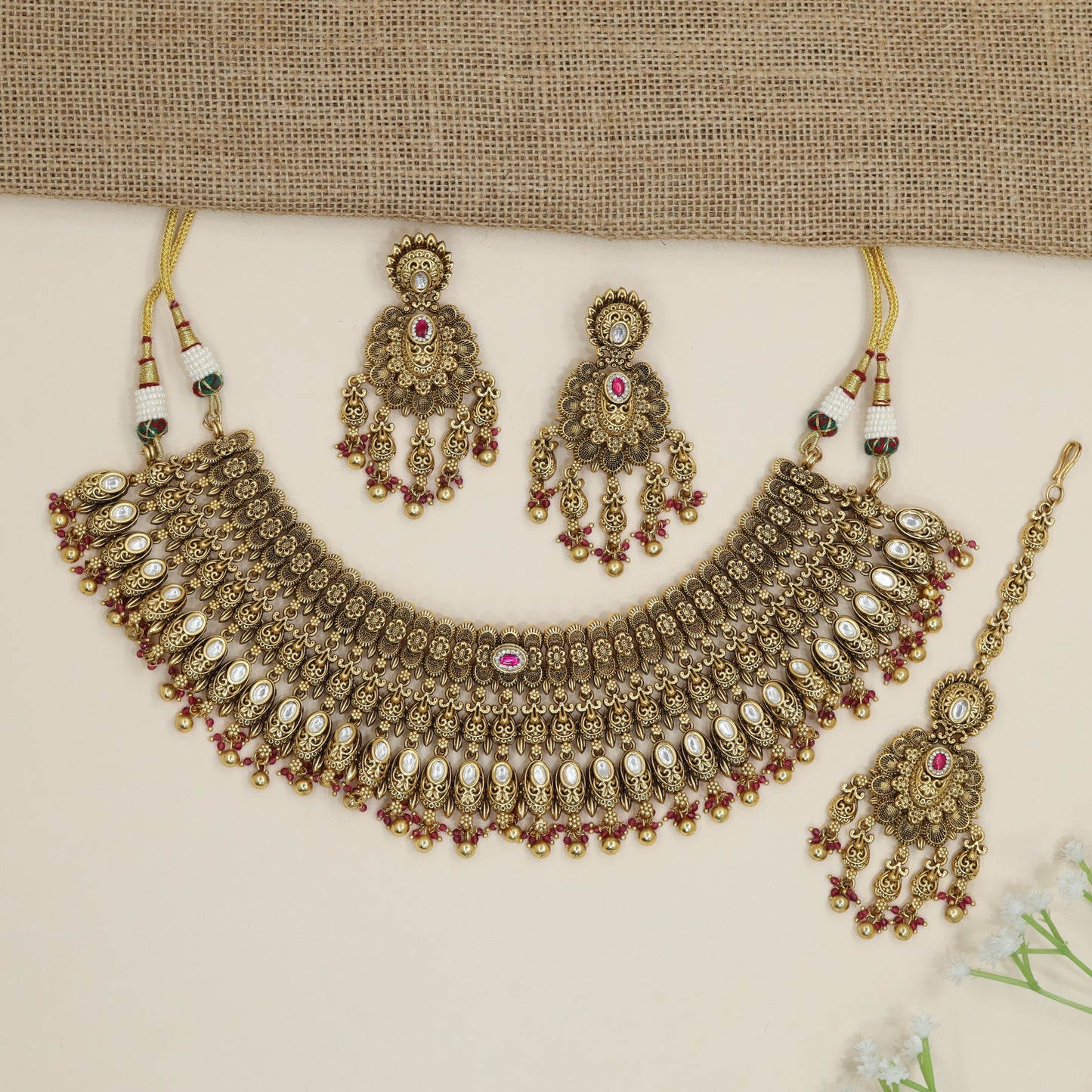 Traditional floral collar choker with intricate fringe detailing