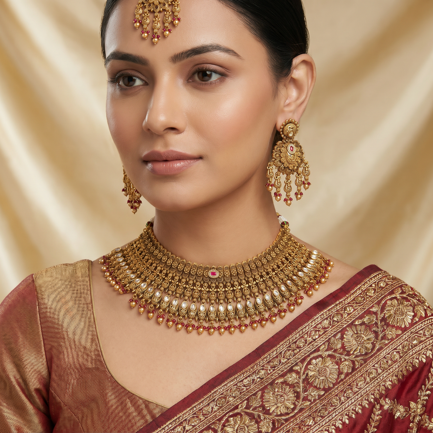Traditional floral collar choker with intricate fringe detailing