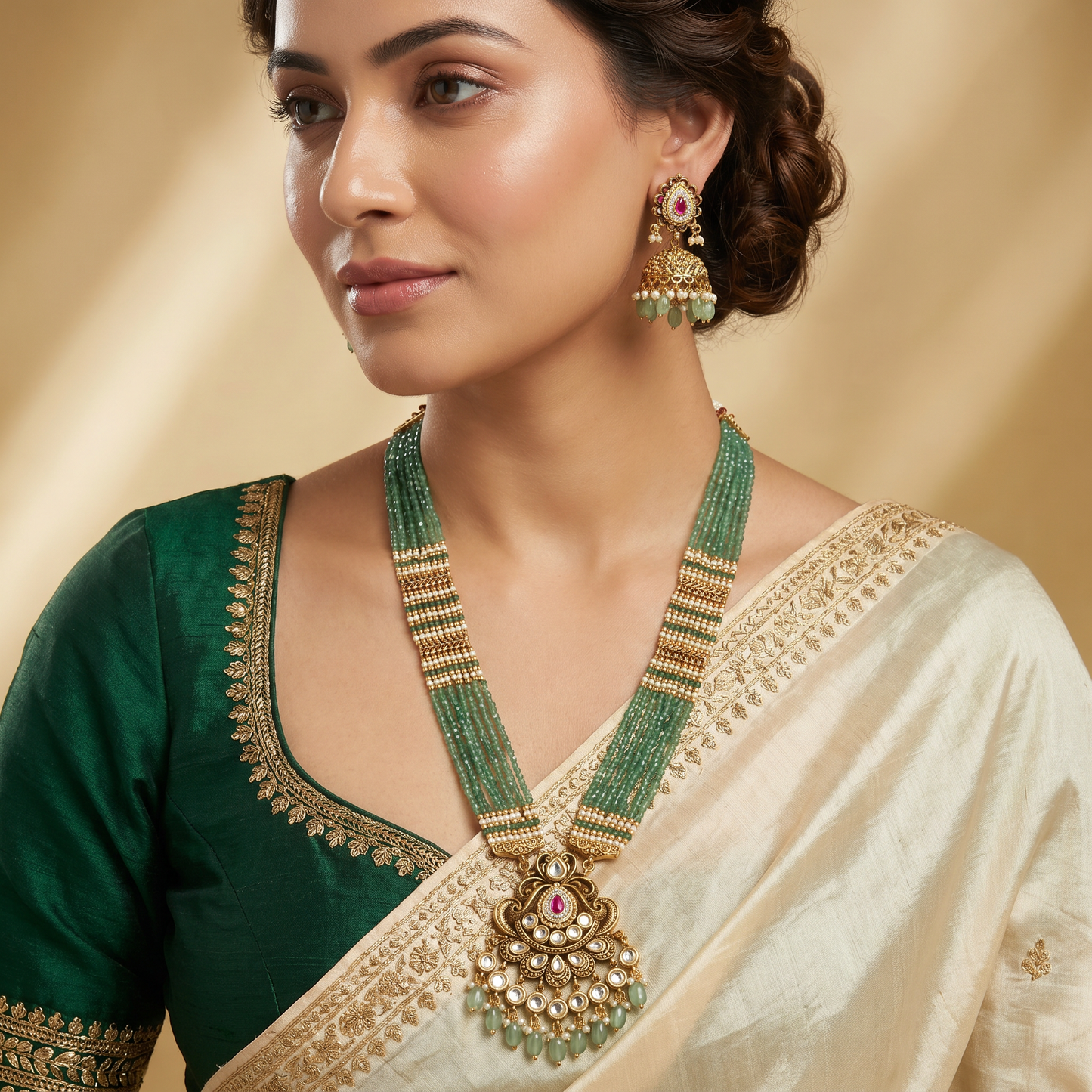 Antique pendant beads long haara with multi-strand silhouette and ornamental centrepiece