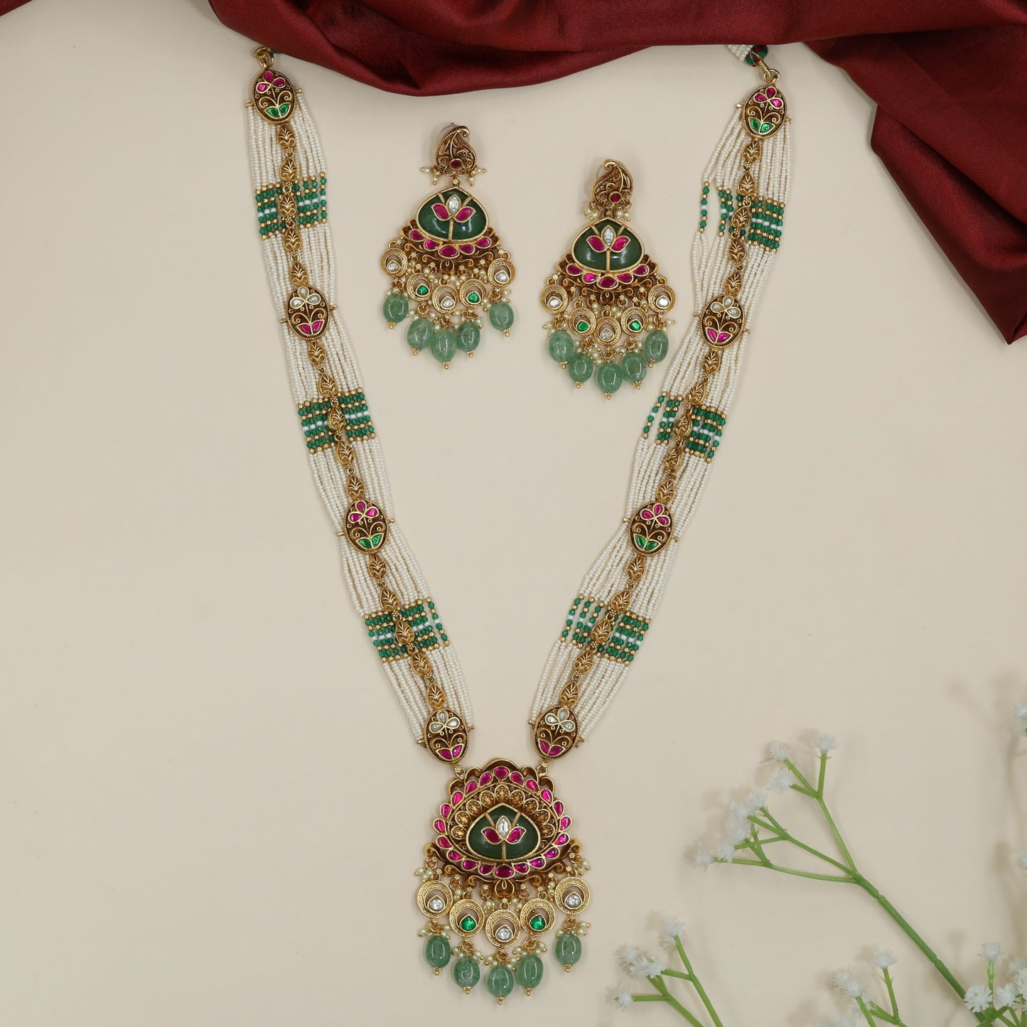 Intricate floral medallion Antique Beads Long Haara with drop accents