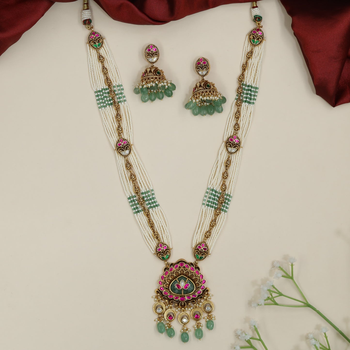 Intricate floral medallion Antique Beads Long Haara with drop accents
