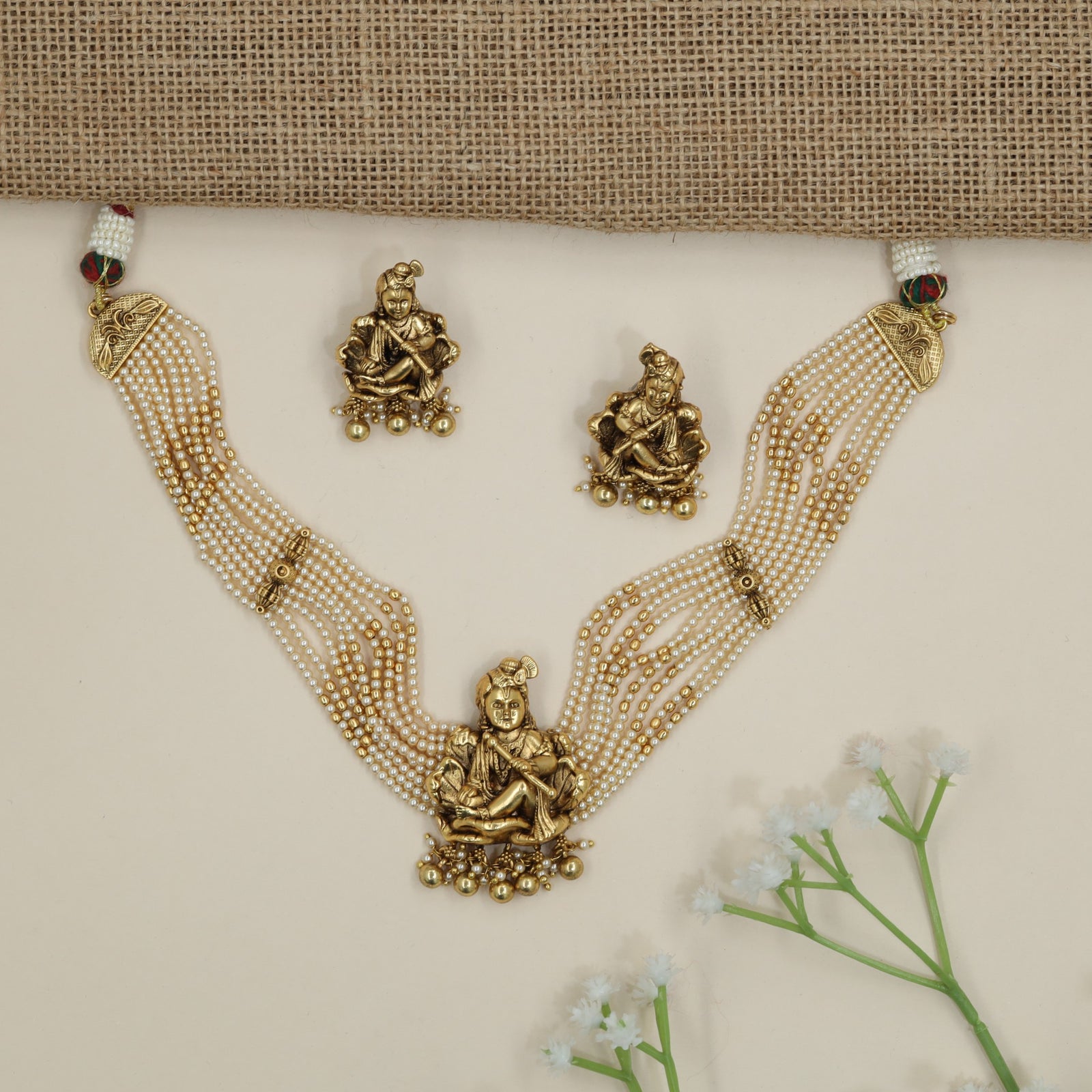 Krishna Pendant Antique Beads Choker with Pearl Weave Construction