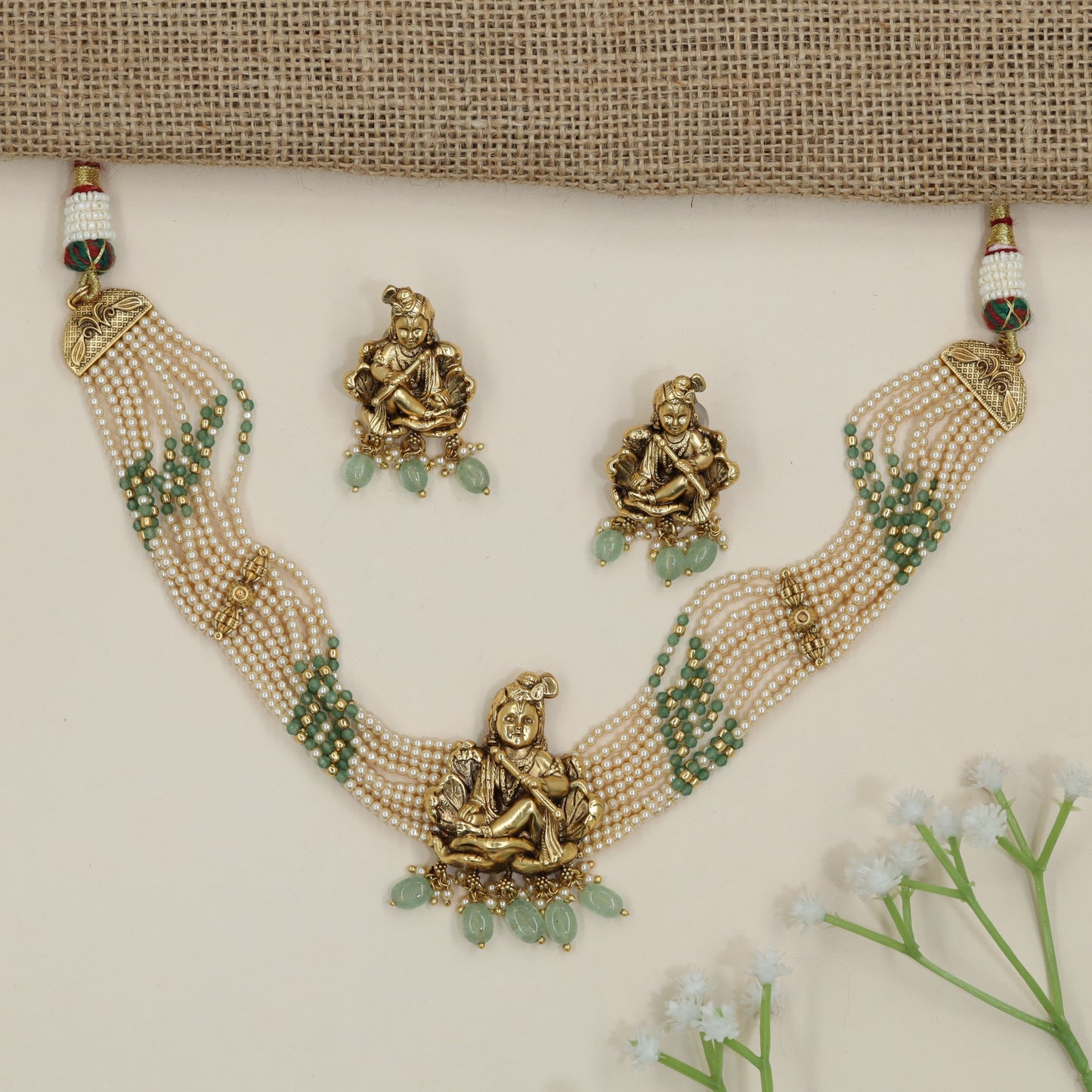 Krishna Pendant Antique Beads Choker with Pearl Weave Construction