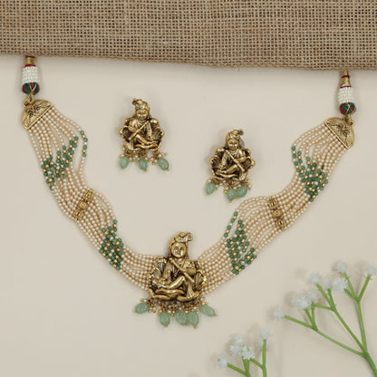 Krishna Pendant Antique Beads Choker with Pearl Weave Construction