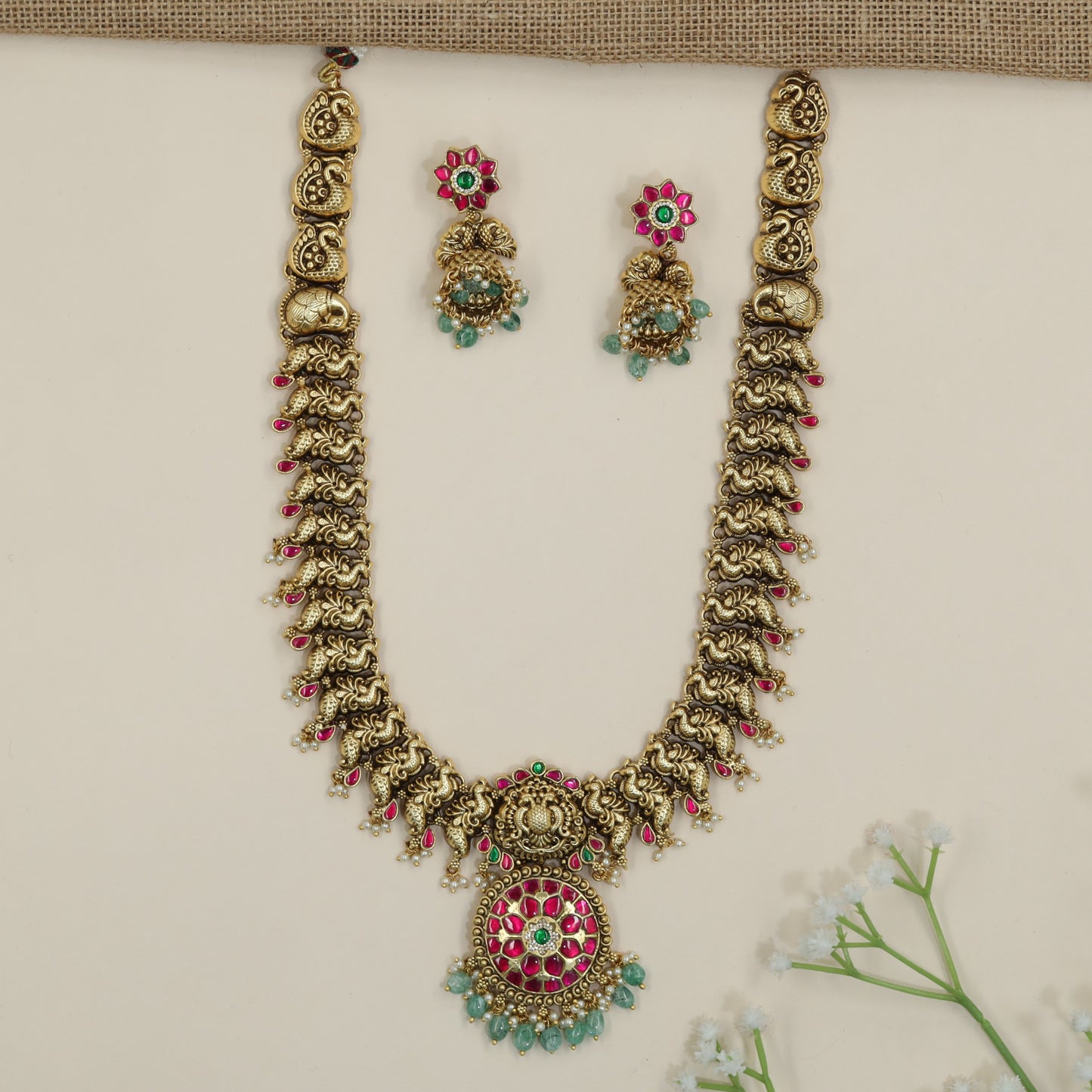 Peacock Antique Long Haara with Lakshmi Centrepiece Pendant