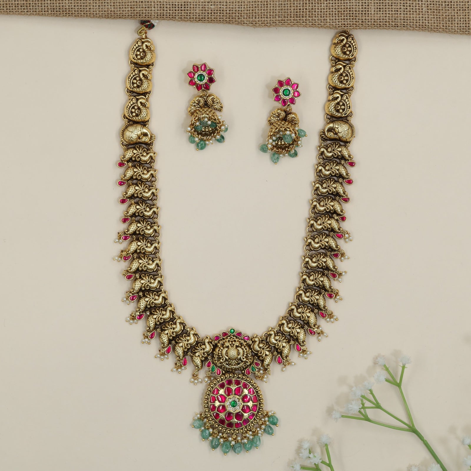 Peacock Antique Long Haara with Lakshmi Centrepiece Pendant