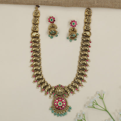 Peacock Antique Long Haara with Lakshmi Centrepiece Pendant