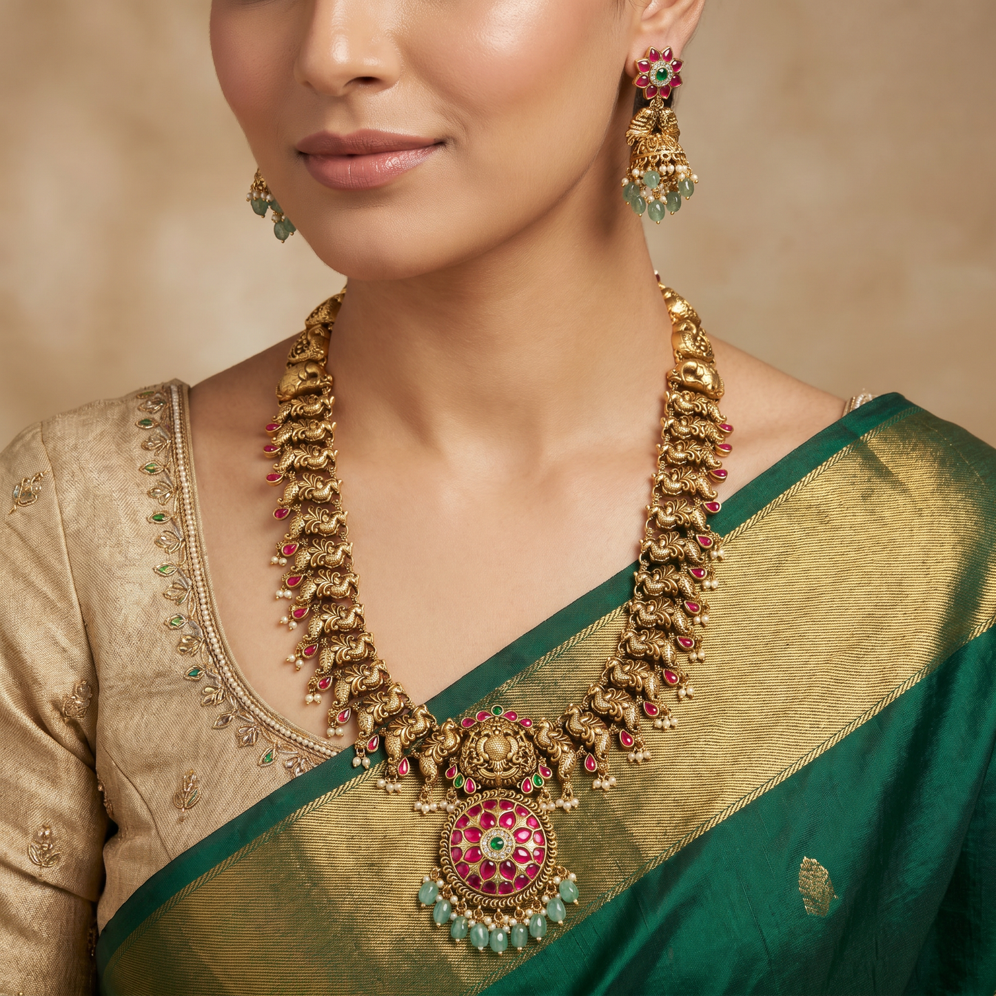 Peacock Antique Long Haara with Lakshmi Centrepiece Pendant