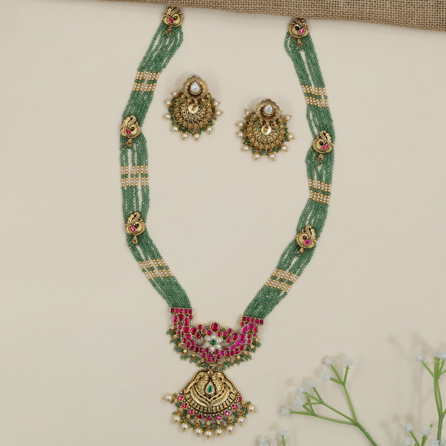 Peacock Design Long Haara with Ruby Stone and Pearl Fringe