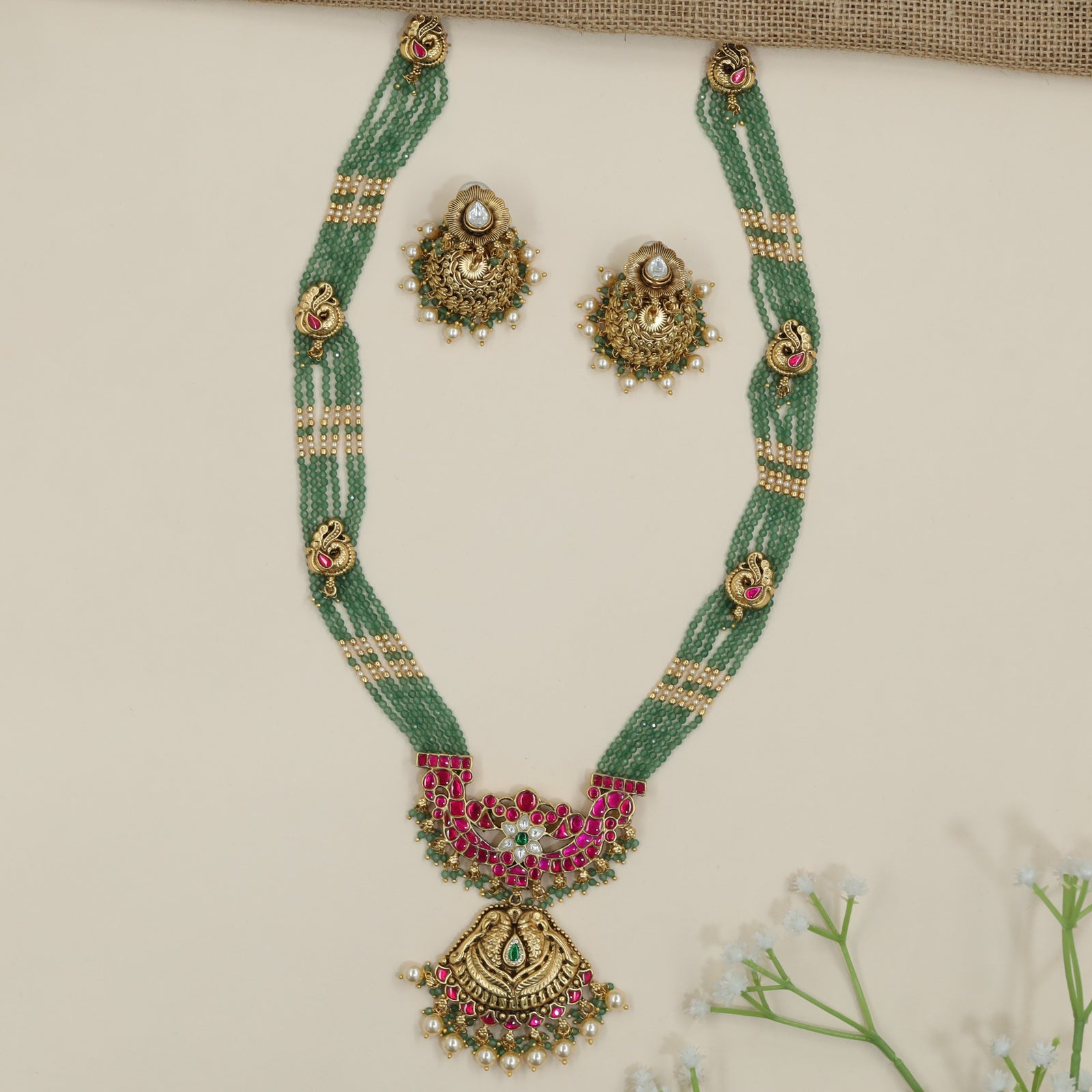 Peacock Design Long Haara with Ruby Stone and Pearl Fringe
