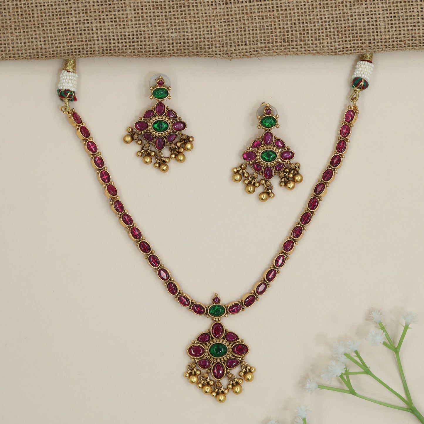 Classic Antique Necklace with Floral Rosette and Bell Fringe