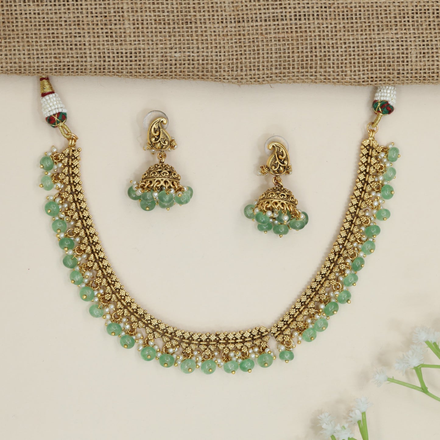 Regal Antique Necklace with Cascading Pearl Cluster Border