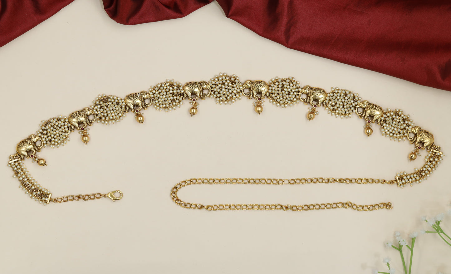 Pearl lattice Antique Waist Belt featuring sculpted elephant connectors