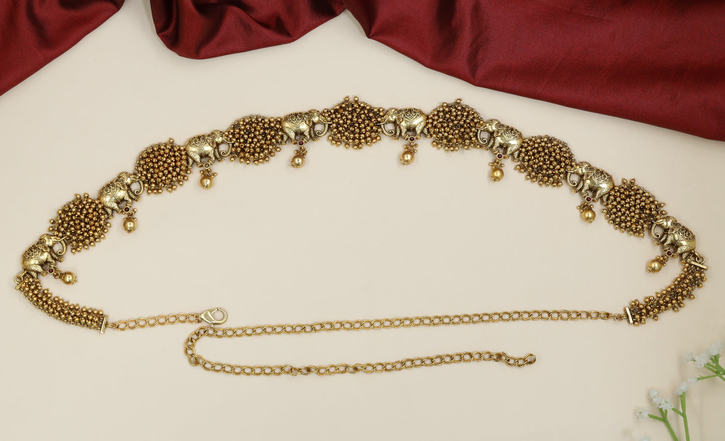 Pearl lattice Antique Waist Belt featuring sculpted elephant connectors