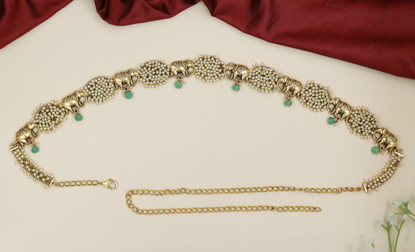 Pearl lattice Antique Waist Belt featuring sculpted elephant connectors