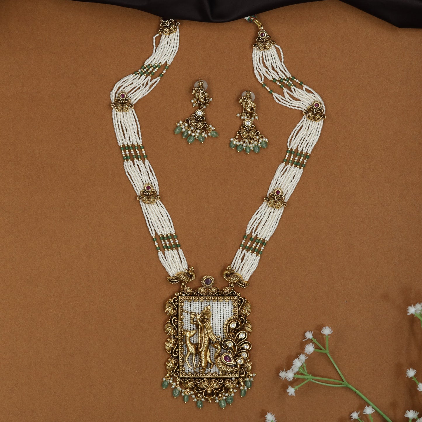 Heritage Krishna pendant Antique Beads Long Haara with decorative accents