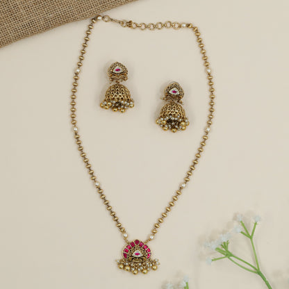 Antique Beaded Chain with Ornamental Pendant and Jhumka Earrings