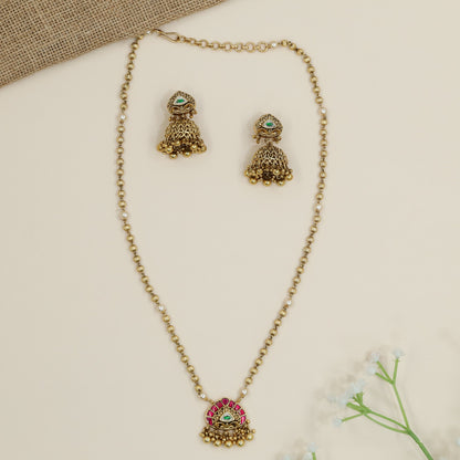 Antique Beaded Chain with Ornamental Pendant and Jhumka Earrings