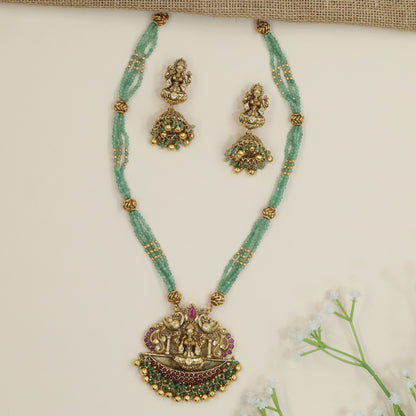 Antique Temple Beads Necklace with Lakshmi Pendant and Matching Jhumkas