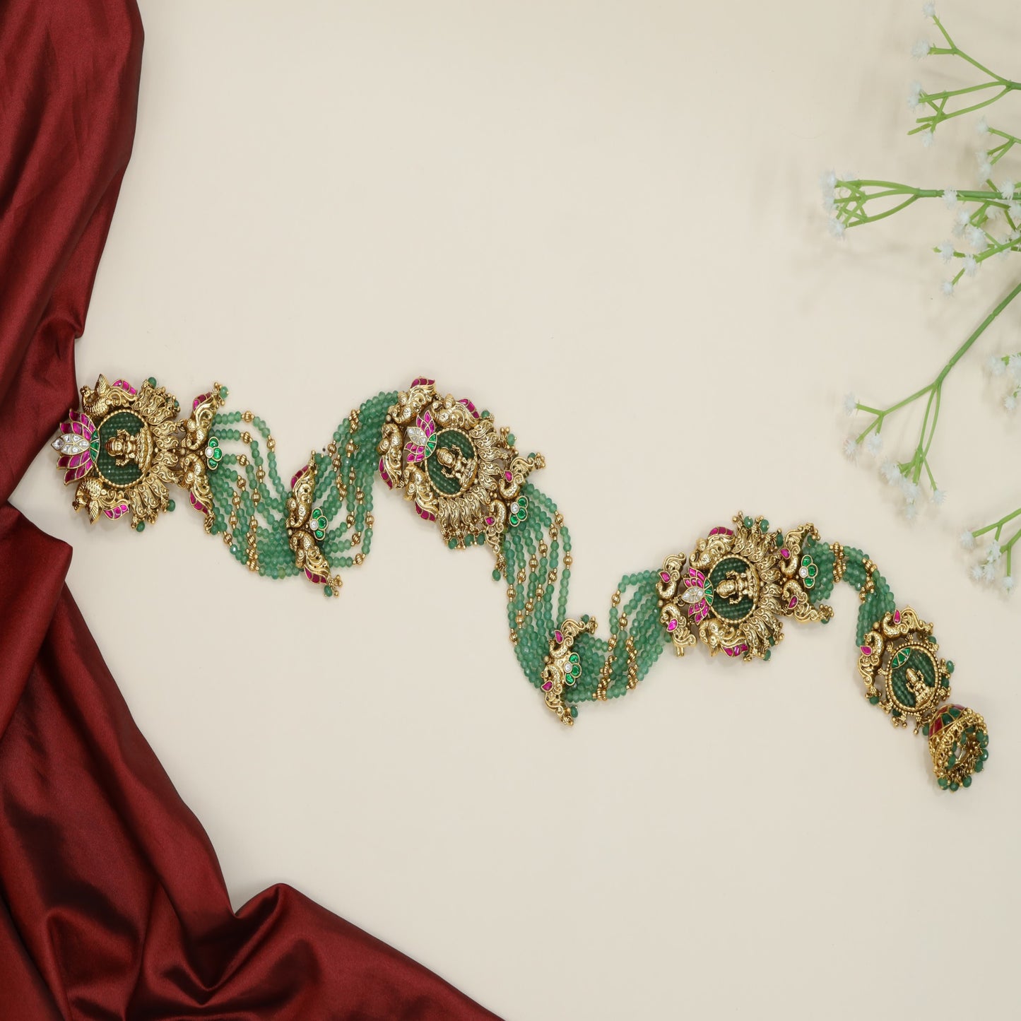 Antique Jade Haaram with Lakshmi Medallion and Multi Strand Bead Drapes
