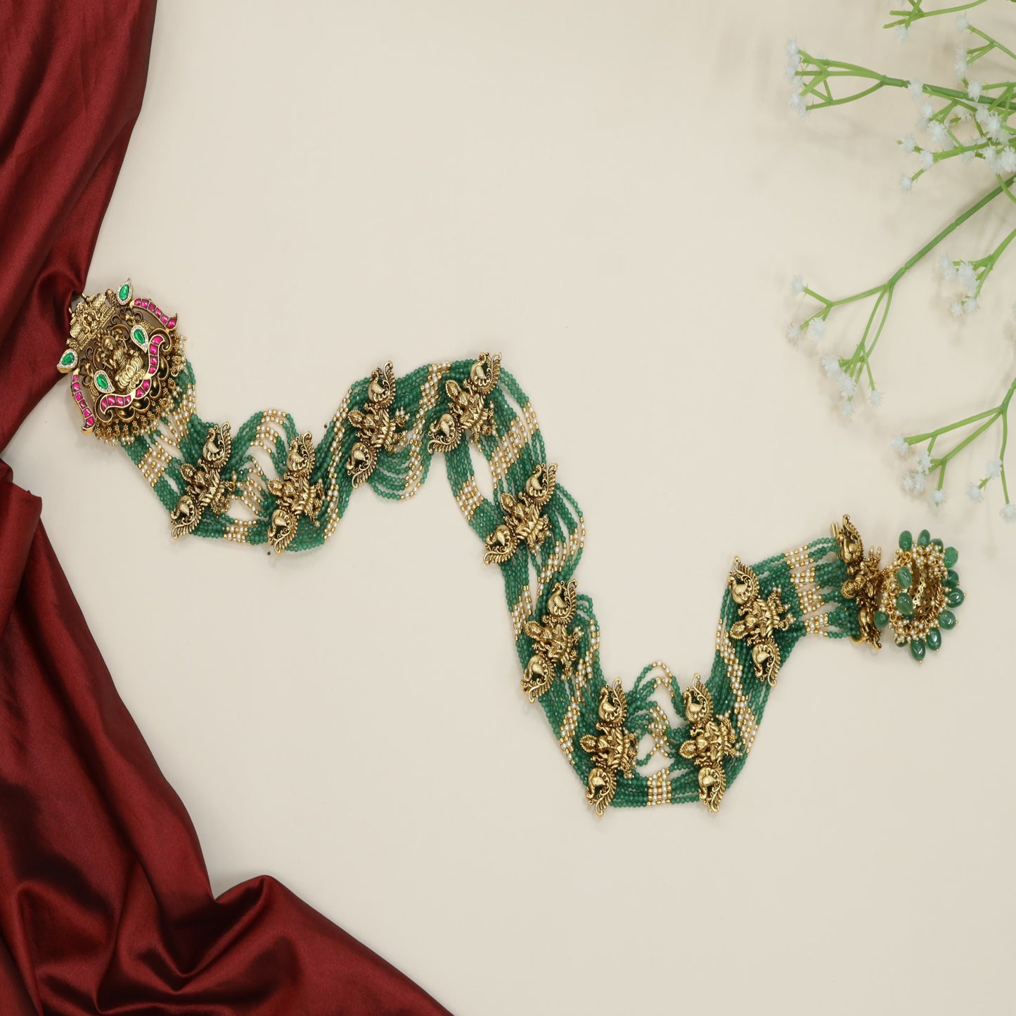 Grand Antique Haaram with Ornamental Lakshmi Motifs and Bead Weave