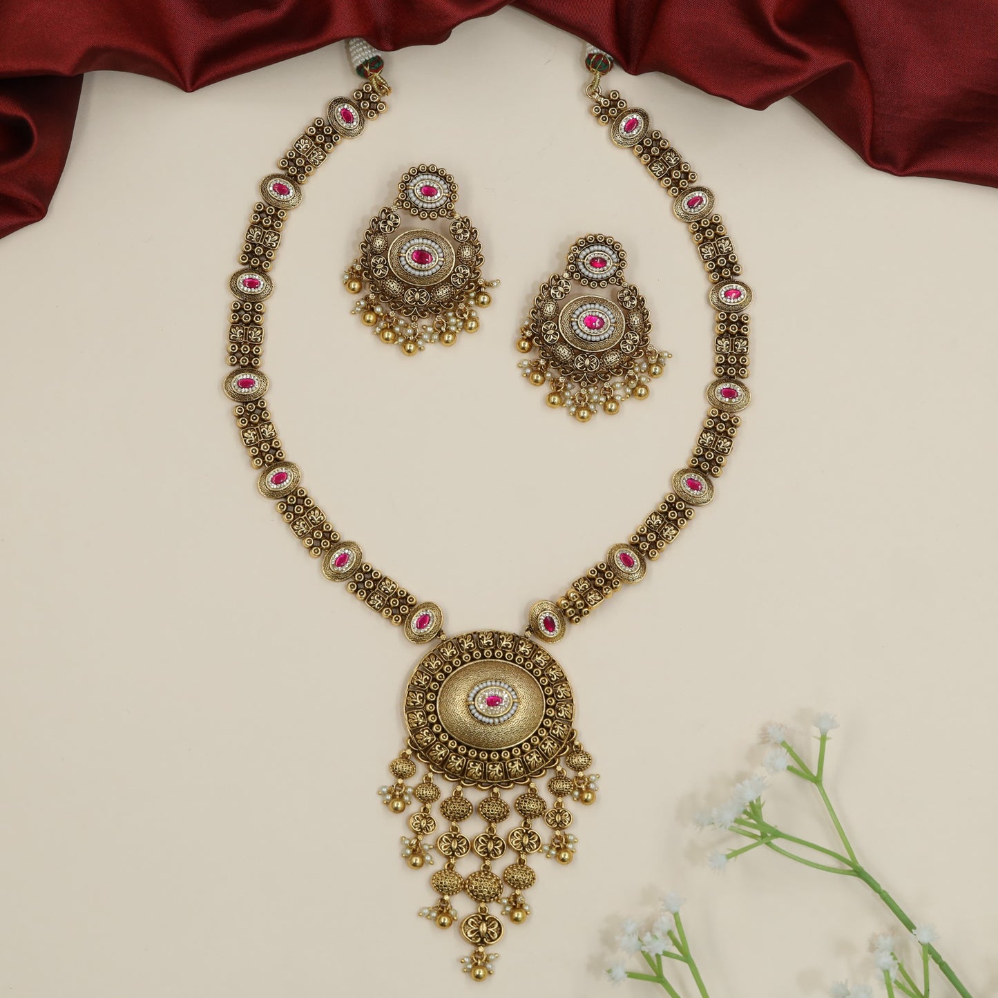 Antique Medallion Long Haara with Ornamental Fringe Pendant Design