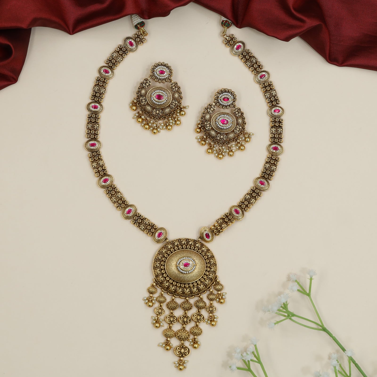 Antique Medallion Long Haara with Ornamental Fringe Pendant Design