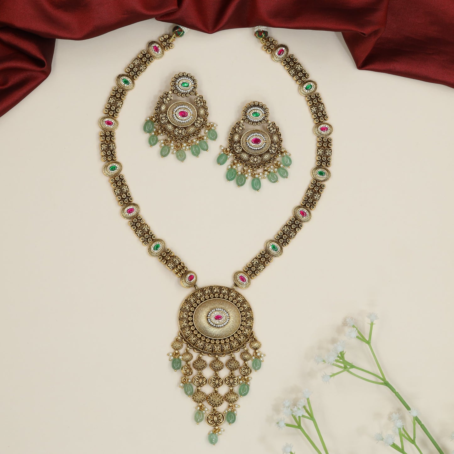 Antique Medallion Long Haara with Ornamental Fringe Pendant Design