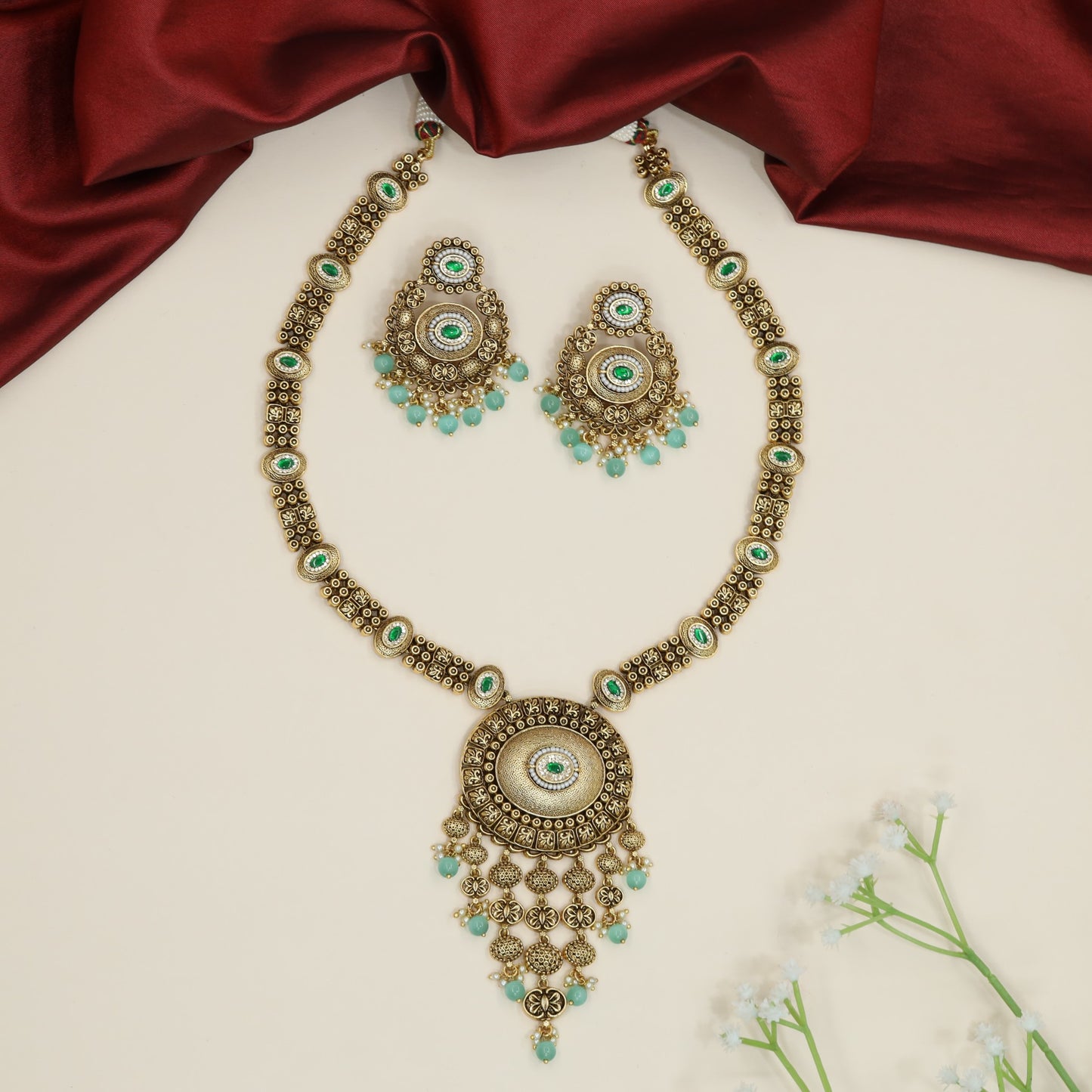 Antique Medallion Long Haara with Ornamental Fringe Pendant Design