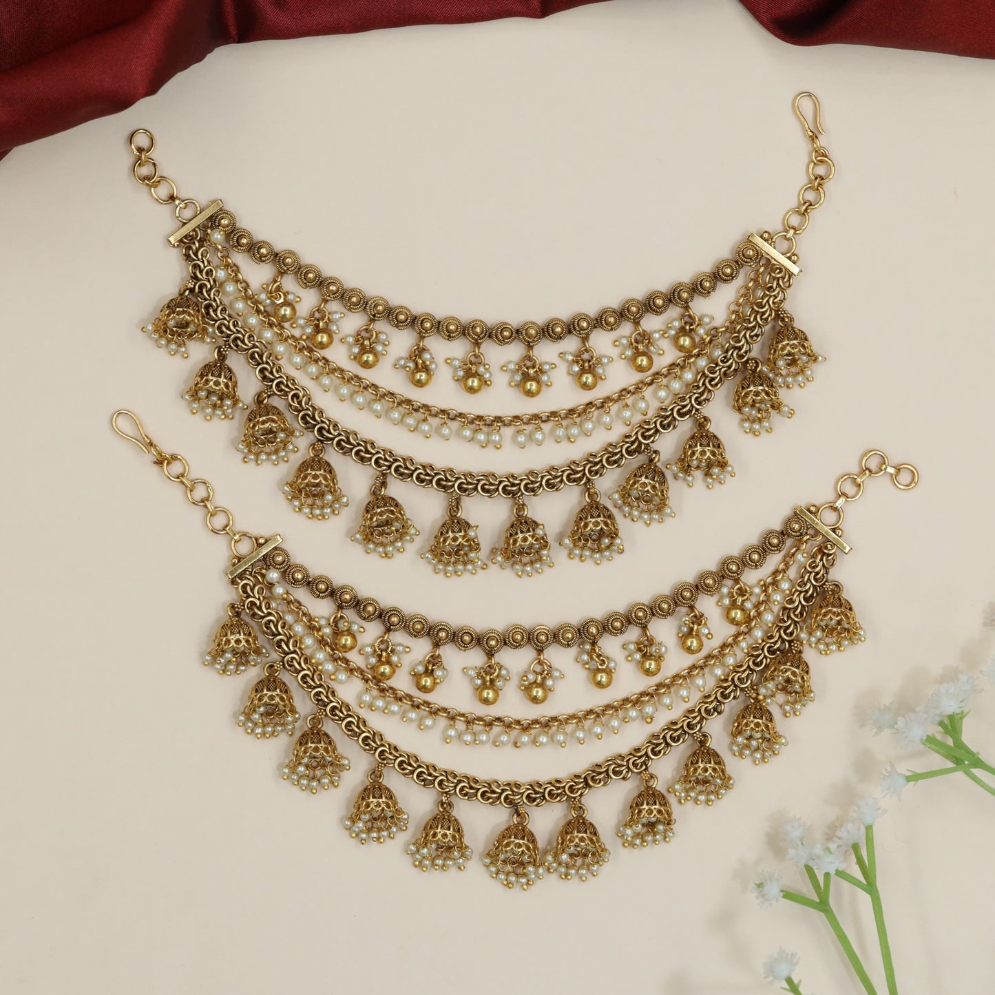 Jhumka fringe Antique Mati with layered chain drape detailing
