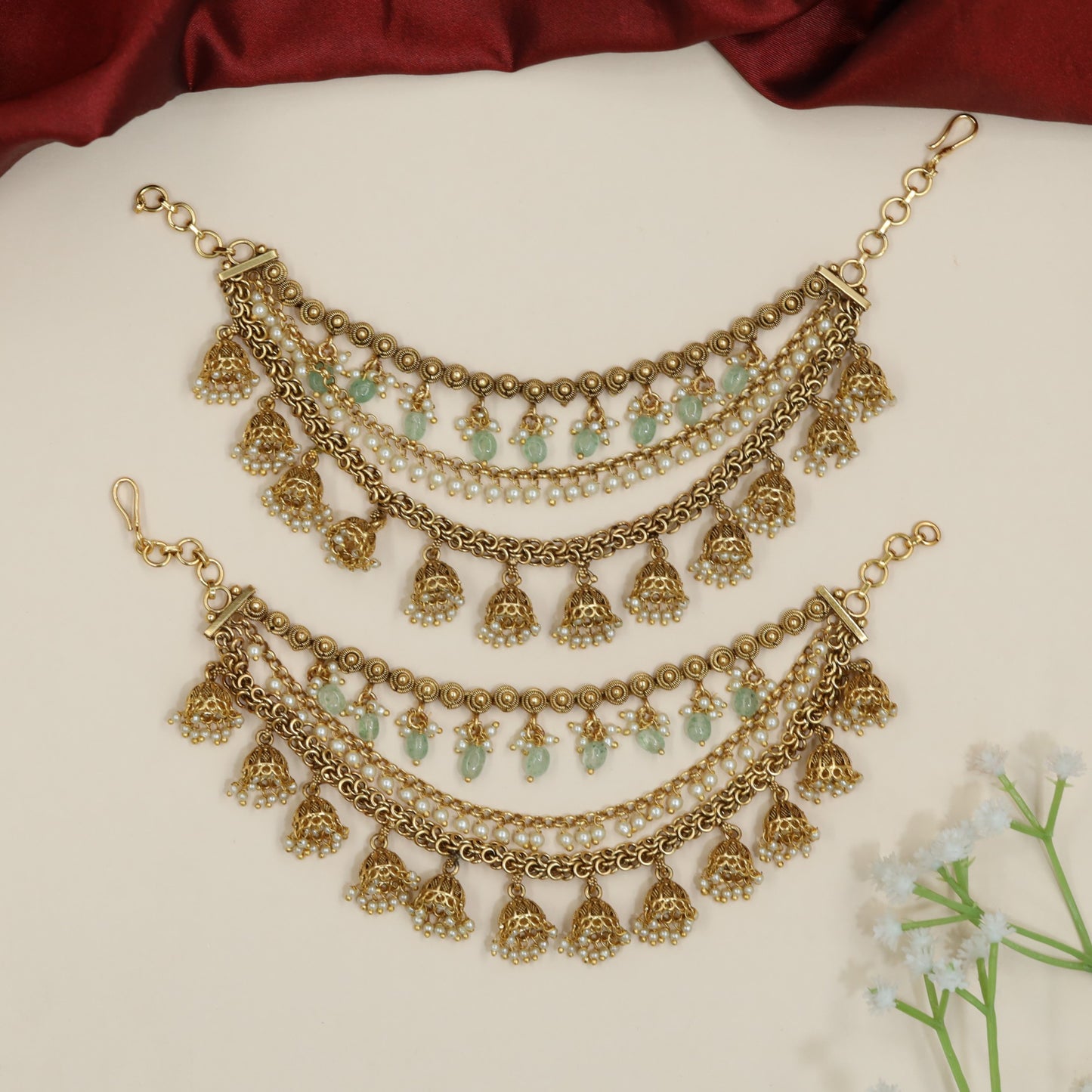 Jhumka fringe Antique Mati with layered chain drape detailing