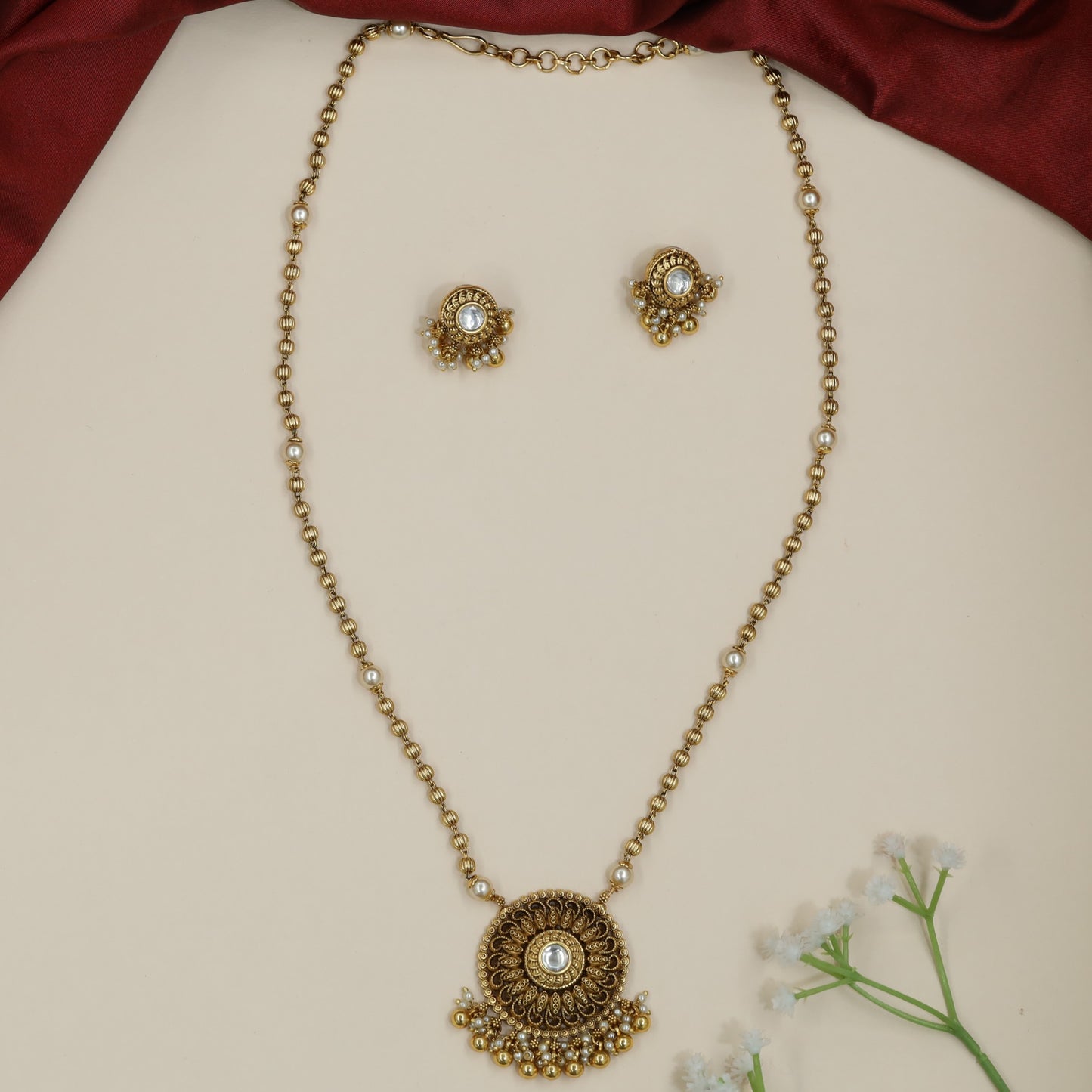 Sunburst medallion Antique Chain With Pendant with decorative bead fringe