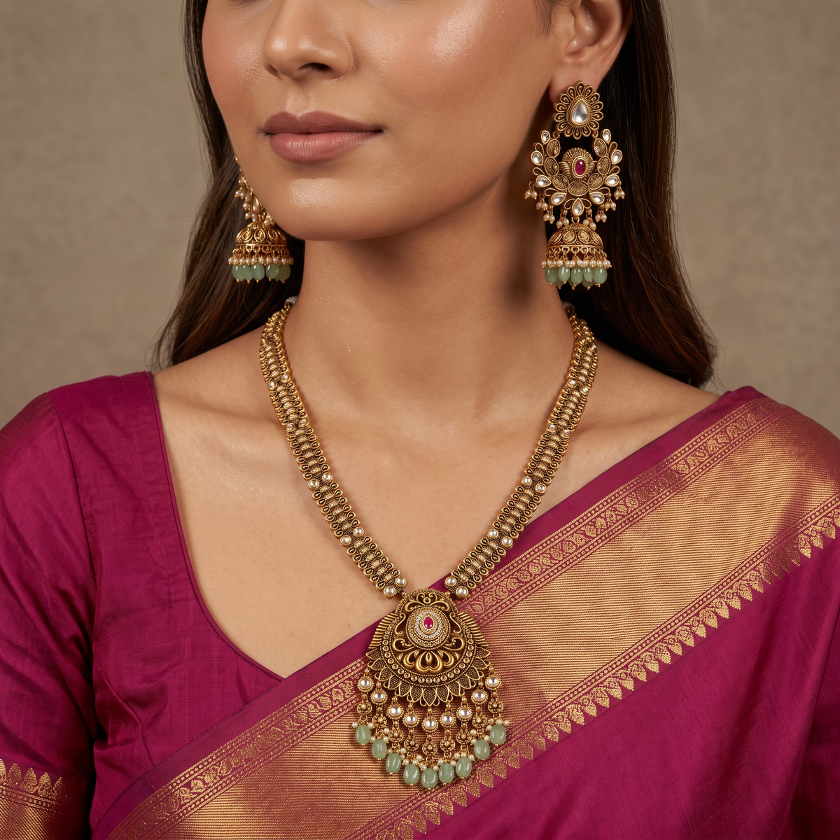 Traditional Antique Long Haara with floral-inspired pendant silhouette