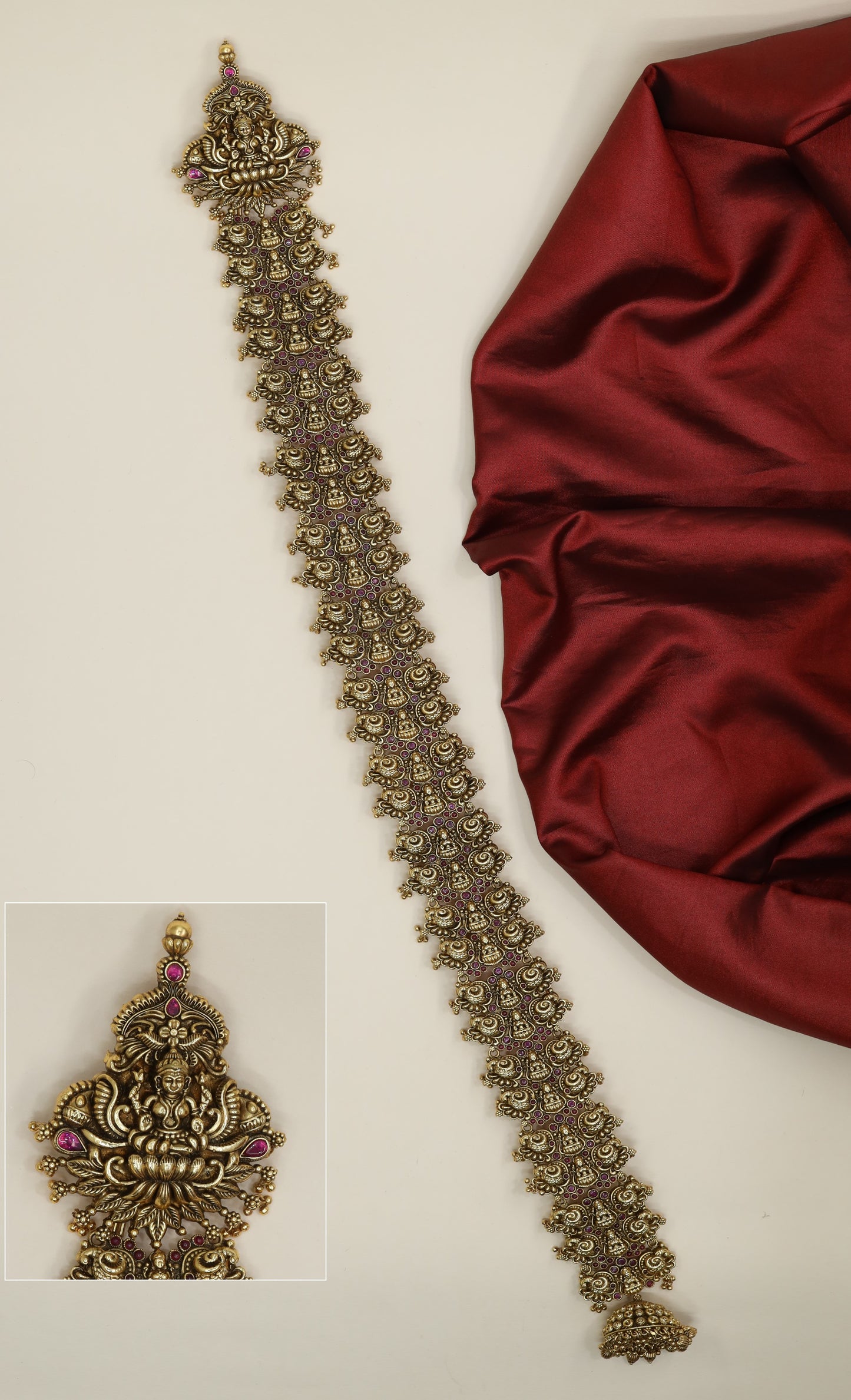 Traditional Lakshmi long jade with detailed peacock borders and floral links