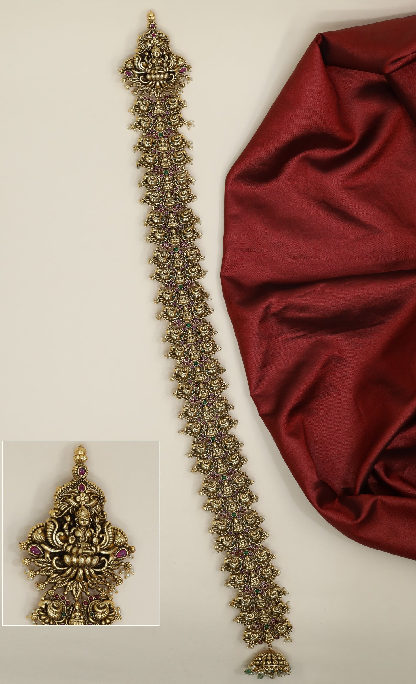 Traditional Lakshmi long jade with detailed peacock borders and floral links