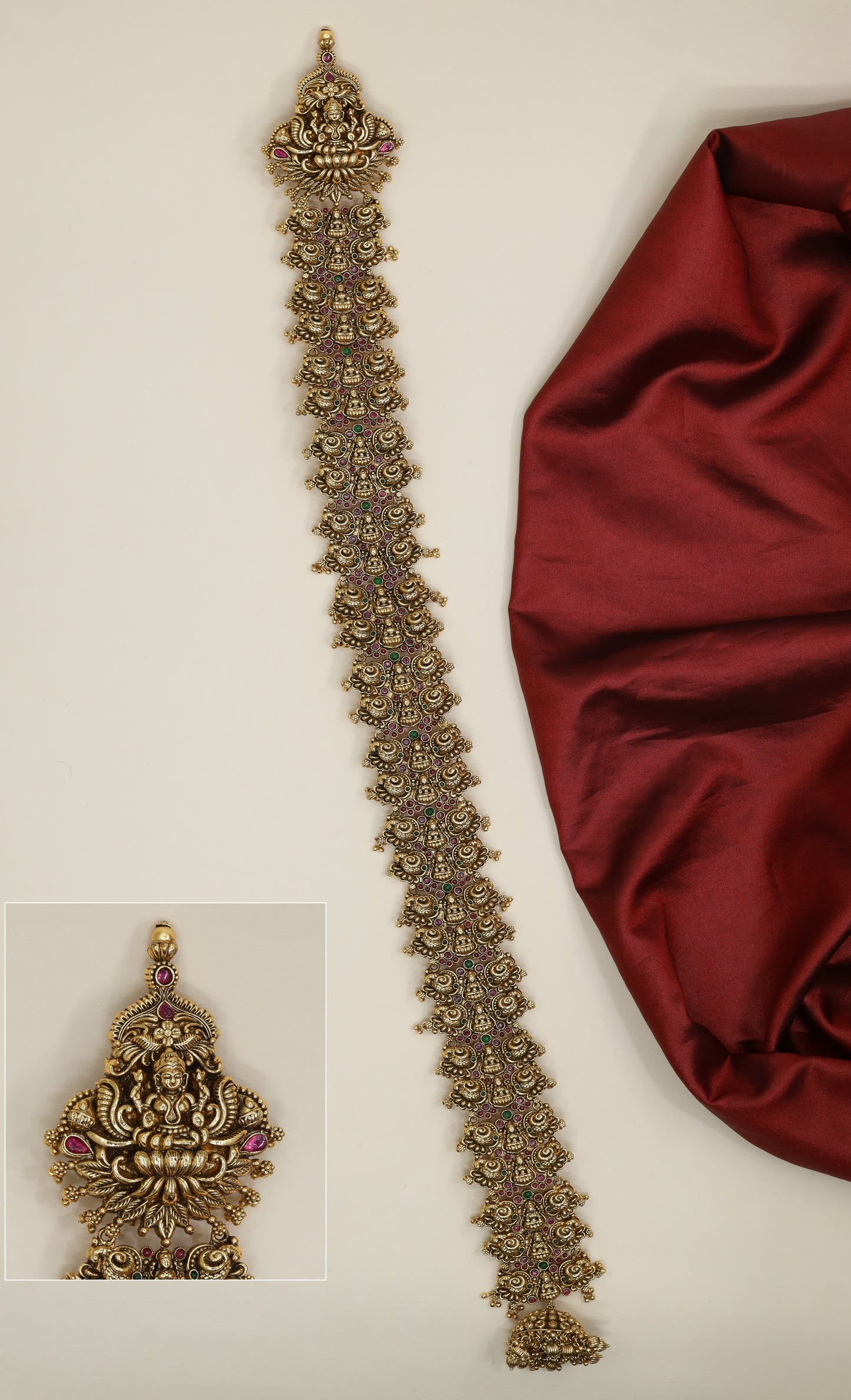 Traditional Lakshmi long jade with detailed peacock borders and floral links