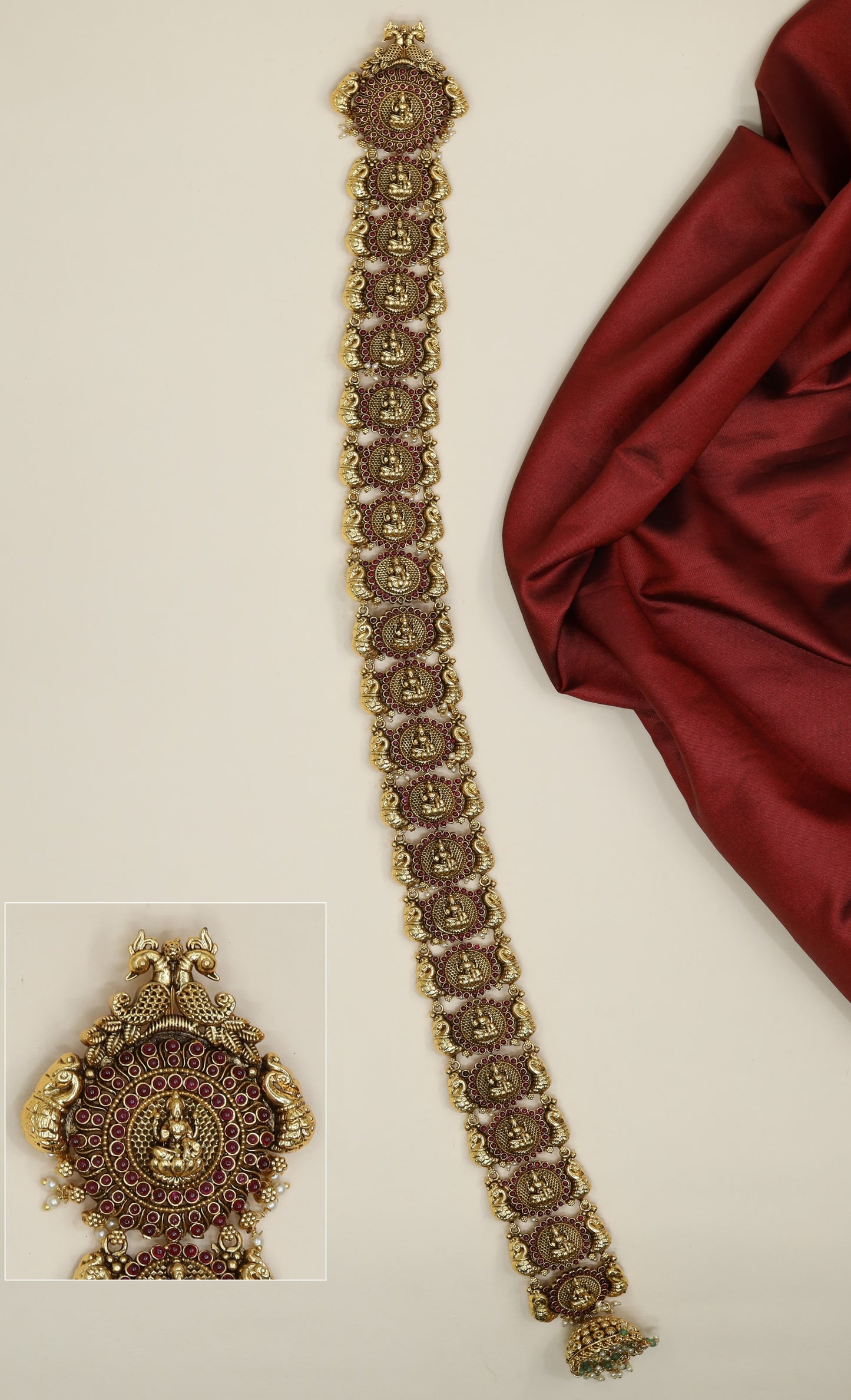 Antique temple long jade with Lakshmi medallion and floral links