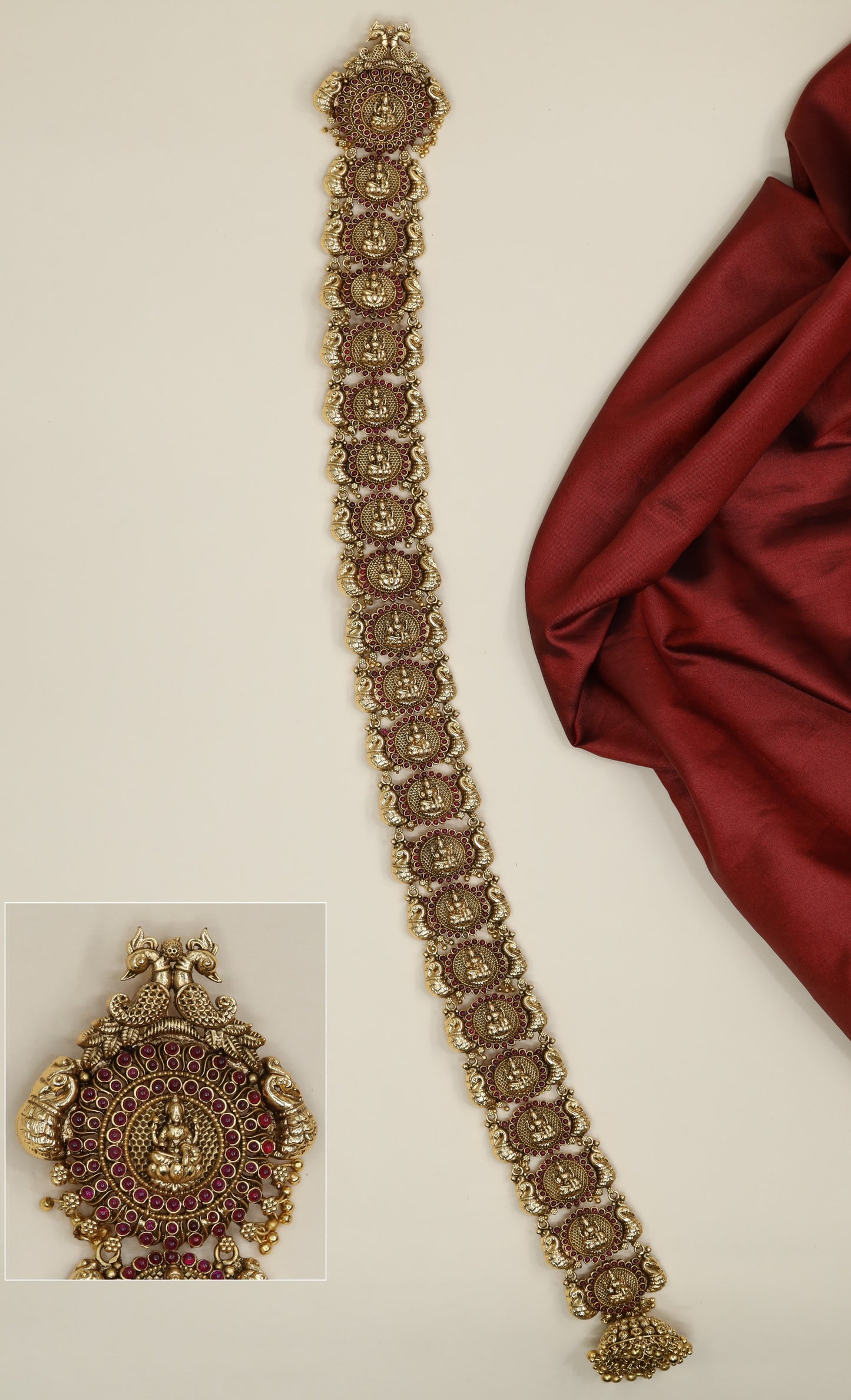 Antique temple long jade with Lakshmi medallion and floral links