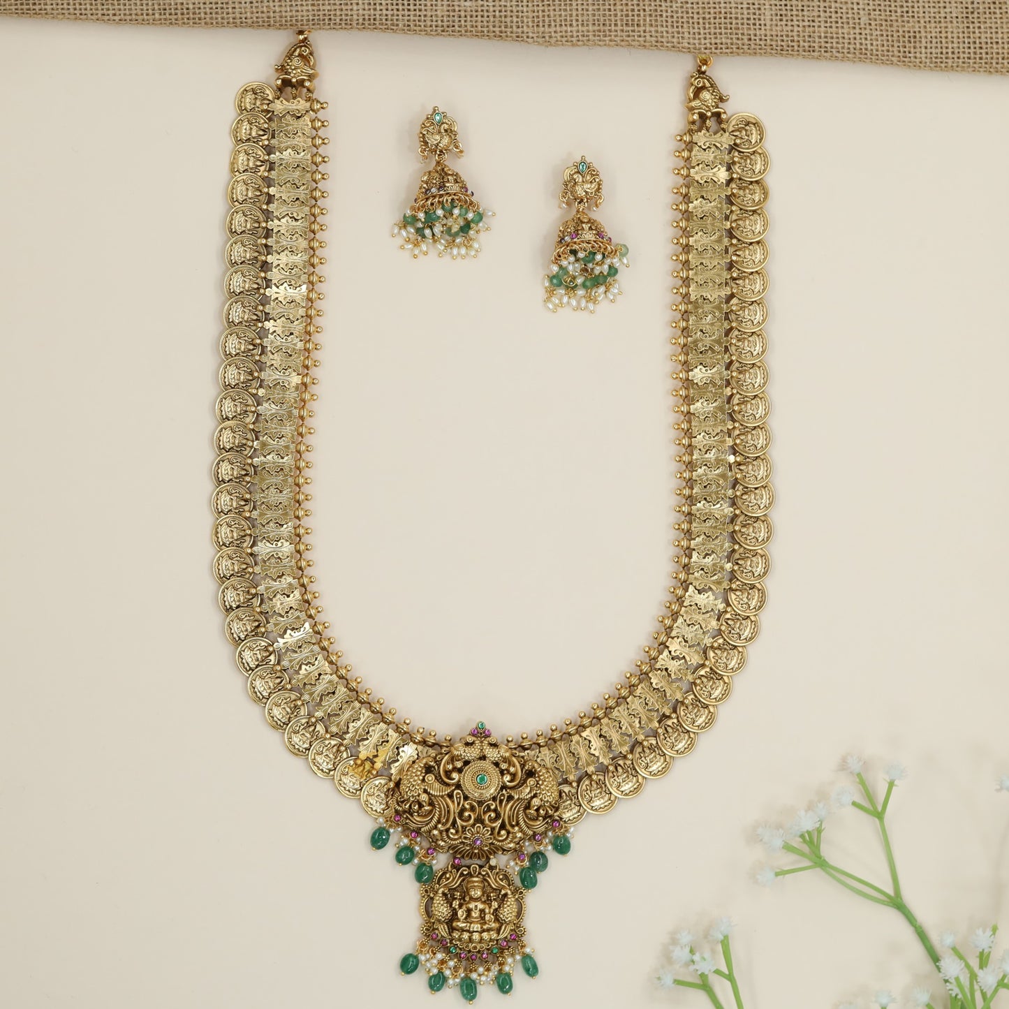 Temple Coin Long Haara with Lakshmi Pendant and Elephant Motif Detailing