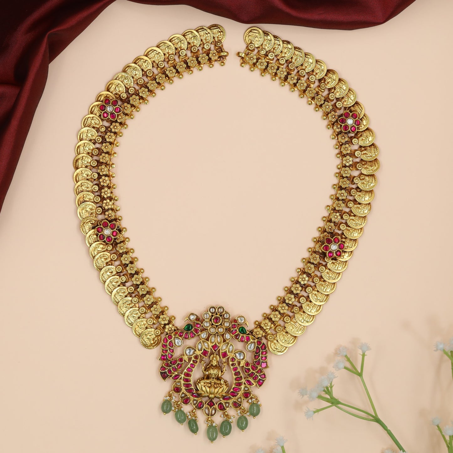 Temple Jewellery Long Haara with Lakshmi Centrepiece and Peacock Motifs
