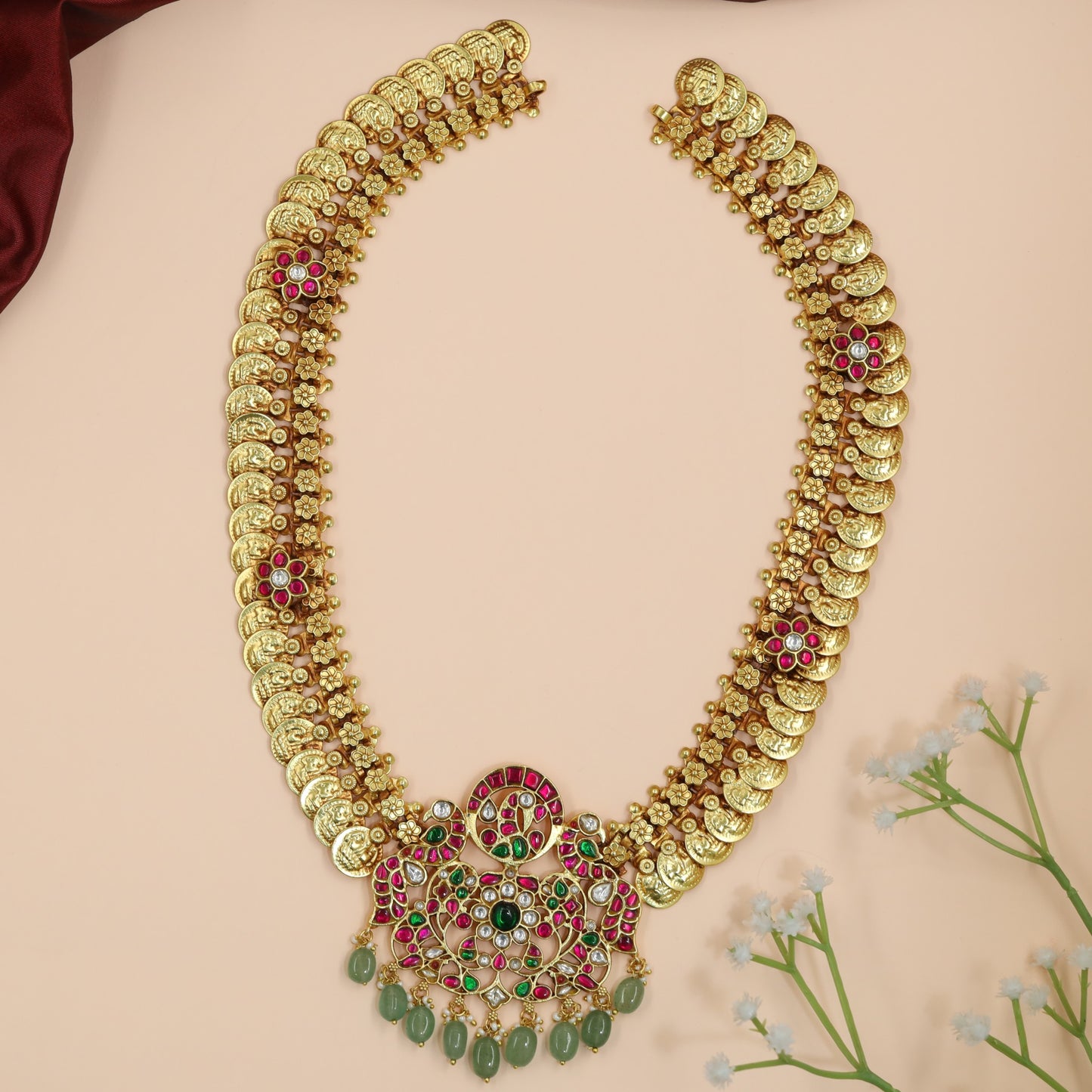 Lakshmi Coin Haara with Peacock Floral Lattice Pendant Design