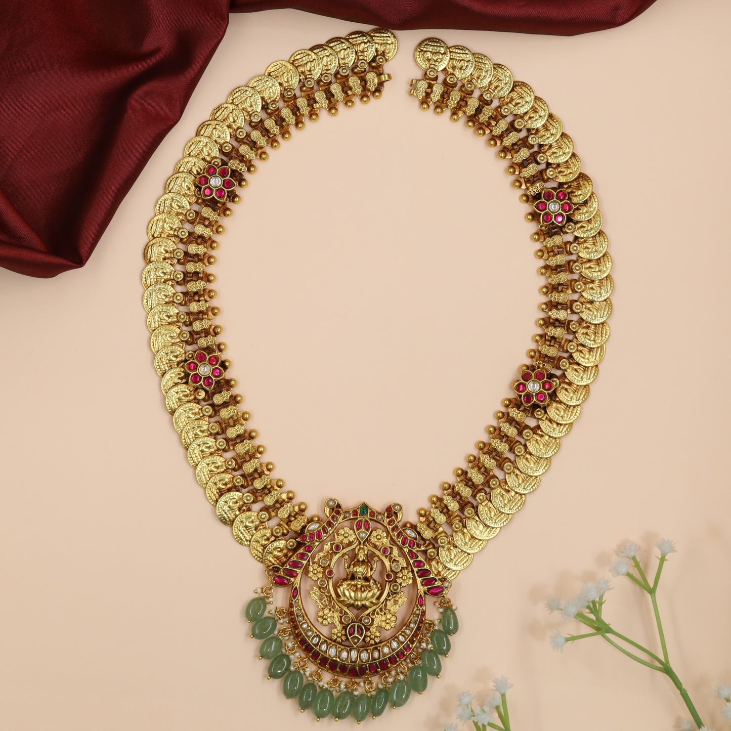 Temple Coin Border Necklace with Lakshmi Halo Pendant and Fringe Drops