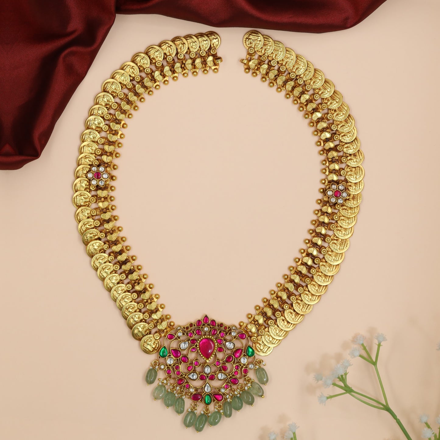 Floral Medallion Temple Long Haara with Coin Border Pattern